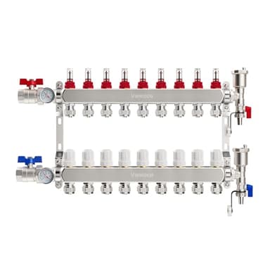 VANCOCO Heizkreisverteiler Edelstahl für 9 Heizkreise mit Eurokonus 16 × 2 mm, Fußbodenheizung Verteiler, Schnellentlüfter Set, 1" Kugelhähne, 5 L/min Durchfluss, Durchflussmesser
