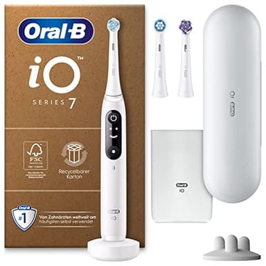 Oral-B iO Series 7 Plus Edition Elektrische Zahnbürste,Electric Toothbrush, PLUS 3 Aufsteckbürsten, 5 Putzmodi für Zahnpflege, Reiseetui, Designed by Braun, weiß alabaster