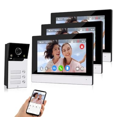 QttyElok 1080P HD WiFi Video Türklingel Gegensprechanlage Video-Türsprechanlage mit 17,8 cm Farbmonitoren für 3 Wohnungen/Familien, unterstützt Tuya App, IR-Nachtsicht, Aufnahme, 2-Wege-Audio