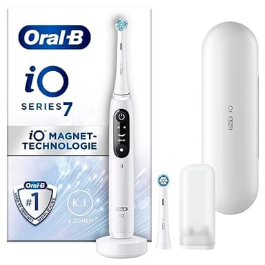 Oral-B iO Series 7 Elektrische Zahnbürste/Electric Toothbrush, 2 Aufsteckbürsten, 5 Putzmodi für Zahnpflege, Valentinstagsgeschenk für Ihn/Sie, Display & Reiseetui, Designed by Braun, white alabaster