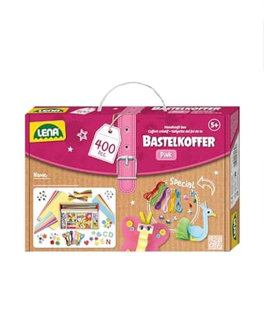Lena Bastelkoffer mit 400 Teilen, Bastelset bestehend aus Papier, Moosgummi, Pfeifenreiniger, Strasssteine, Wackelaugen, Pompons und Knöpfe, Pink & Lila, geeignet für Kinder ab 5 Jahren