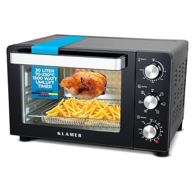 KLAMER Minibackofen mit Umluft (30 Liter), 6 Backfunktionen, 70-230°C, 120 min. Timer, Mini-Ofen inkl. Drehspieß, Grillgitter, Grillrost und Krümelblech, 1.500 W, Pizza Ø30cm, Schwarz