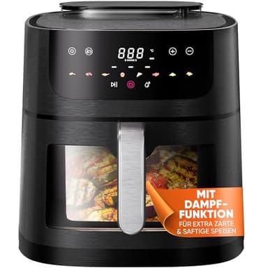 Stillstern Air Fryer Heißluftfritteuse [SteamPro View] 8L mit Dampffunktion, 80-200°C, 1800W, 8 Kochprogramme, 120min Timer, Shake-Funktion, 100 Rezepte, Fritteuse ohne Öl