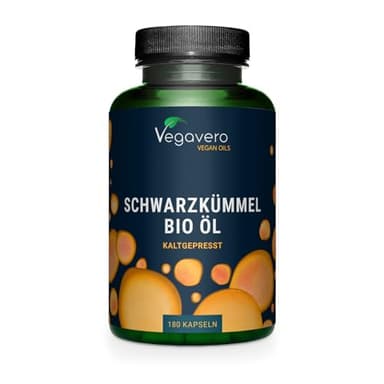 Bio Schwarzkümmelöl Kapseln | Keine Gelatine | 1000 mg ägyptisches Öl | Linolsäure + Thymoquinon | Deutsche Produktion von Vegavero® | Nigella sativa | 180 Stück