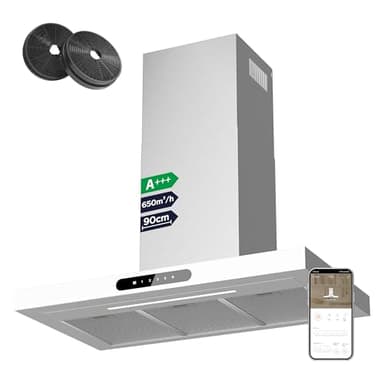 Ciarra Dynamic A+++ Dunstabzugshaube 90 cm Umluft CBCW9102 App SensorTouch Bedienung Abluft Abzugshaube 650 m³/h mit Dimmbare LED-Beleuchtung Wandhaube Edelstahl Glas Weiß