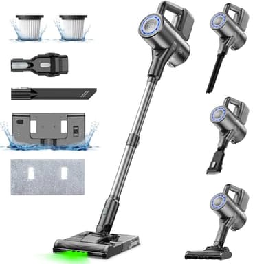 Staubsauger mit Wischfunktion, Akku Staubsauger kabellos, Saug und Wisch staubsauger mit starkem grün Licht, Akkusauger Freistehend, lange Laufzeit, leiser Staubsauger für Hartböden, Tierhaare