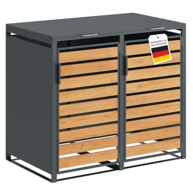 STEELSØN Kestra Mülltonnenbox 2er bis 240L – Mülltonnenverkleidung aus Stahl mit Sichtstreifen in Holzoptik – hochwertige Müllcontainer für 2 Tonnen – Müllbox in Anthrazit – Gerätebox wetterfest