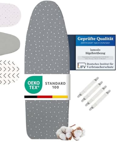 lamodo® - Bügelbrettbezug - 125x45 cm - Bügelbezug aus 100% Baumwolle - Dampfbügelgeeignet - Extra Dicke Polsterung + Gummizug und Spanner, 124-132 cm x 40-45 cm