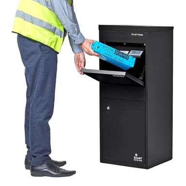 SMART PARCEL BOX Paketbox draußen, Standbriefkasten mit Paketfach, Paketbriefkasten XXL, große Postbox für Pakete Outdoor, Paketkasten Entnahme hinten & vorne, rostfrei, verzinkter Stahl, schwarz