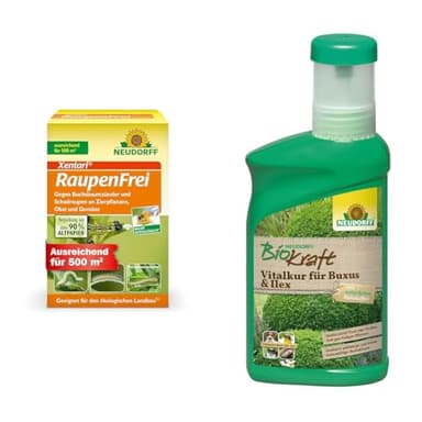 Neudorff Xentari RaupenFrei, bekämpft biologisch Buchsbaumzünsler und andere Schadraupen & BioKraft Vitalkur für Buxus & Ilex belebt durch Frost oder Trockenheit geschädigte Immergrüne Gehölze, 300 ml