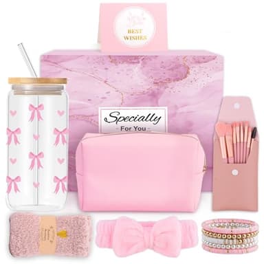 Geschenke für Mädchen Teenager 9 10 11 12 13 14 15 16 Jahre, Einschulung Geburtstag Geschenk Mädchen Glasbecher, Trinkglas mit Strohhalm und Deckel,Schminkpinsel Kosmetiktasche Armband Socken Haarband
