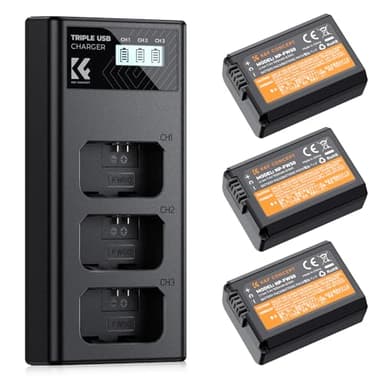 K&F CONCEPT NP-FW50 1100mAh Akku (3er-Pack) und DREI-Slot LCD Ladegerät Kit für Sony ZV-E10, Alpha A6000, A6300, A6400, A6500, A5000, A5100, a7, a7II, a7R, a7RII, a7S, a7SII