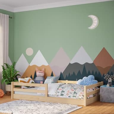 Bellabino Iskri Bodenbett 120x200 cm – Montessori Kinderbett mit Rausfallschutz & Lattenrost – Holzbett für Jungen & Mädchen aus Kiefer Massivholz in Natur – Kleinkindbett