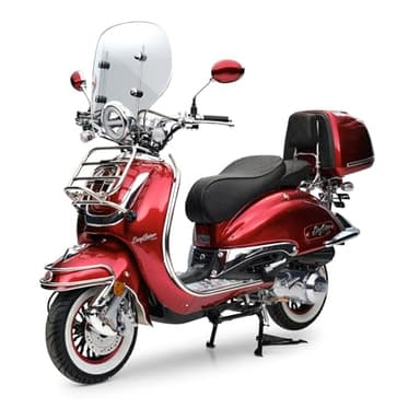 Burnout Motorroller Retro EasyCruiser Dunkelrot Metallic 125ccm 85 kmh Euro 5 Retro-Roller mit Windschild und USB-Ladedose für unterwegs