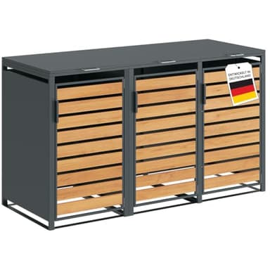STEELSØN Kestra Mülltonnenbox 3er bis 240L – Mülltonnenverkleidung aus Stahl mit Sichtstreifen in Holzoptik – hochwertige Müllcontainer für 3 Tonnen – Müllbox in Anthrazit – Gerätebox wetterfest