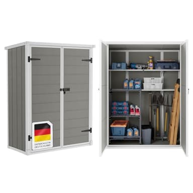 STEELSØN Novara Gerätehaus aus Kunststoff – Geräteschuppen mit 2 Regalfächern – Gartenhaus wetterfest – Hochwertige Gartenhütte Pultdach, Aluminiumrahmen – Gartengerätehalter Grau 170x68x134 cm