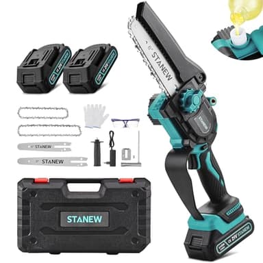 STANEW Mini Kettensäge mit 2 Akku 2000mAH & Ladegerät, 6 Zoll & 8 Zoll, 600 W bürstenloser Motor, für Gartenarbeit, Baumschnitt, Holz