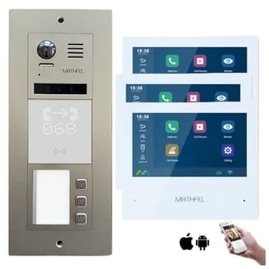MATHFEL 2-Draht-Bus WLAN Video-Türsprechanlage mit RFID - Komplettes Set für 3 Familienhaus mit 7-Zoll-Monitor