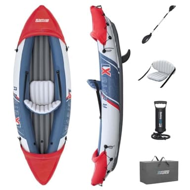 Bestway Hydro Force Kajak-Set Rapid X1, 290 x 91 x 42 cm, 1 Person, bis 120 kg, Inflata-Shield Material, GS-zertifiziert, aufblasbarer Sitz, abnehmbare Finnen, Aluminium-Paddel, Handpumpe, Tragetasche
