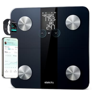 Etekcity Personenwaage Körperfettwaage, Waage Personen mit AC Technologie 180kg/0,05kg, Bluetooth Körperwaage mit APP, Waage mit Körperfett und Muskelmasse, BMI, XL Display digitale Personenwaage