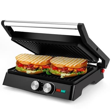Pukomc Kontaktgrill, 1800W Contact Grill Plattengriller mit Antihaftbeschichtung, 60 Minuten Timer, 180º Öffnung，Sandwiches、 Steak und als Panini grill