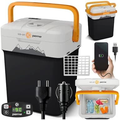 peme Essential Auto Kühlbox 25,7L - Elektrische Kühl- und Warmhaltebox, Dual Power 12V & 230V, Eco-Modus, USB-Ladefunktion, sichere Deckelverriegelung, für Auto, Boot, Camping
