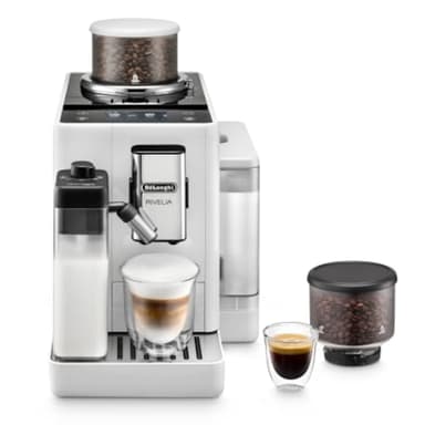 De'Longhi Rivelia EXAM440.55.W Kaffeevollautomat mit LatteCrema Milchsystem, Wechselbarer Bohnenbehälter, 16 Kaffee- & Milchgetränke auf Knopfdruck, Extra-Shot-Funktion, 3,5" Touch-Display, Weiß