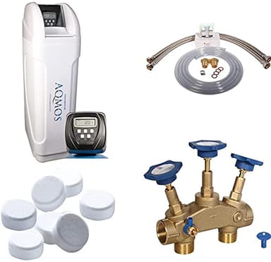 Aqmos CM-60 Wasserenthärtungsanlage im Set mit Montageblock und 100kg Regeneriersalztabletten | Wasserenthärter für Haushalte bis zu 5 Personen | Entkalkungsanlage, Antikalkanlage für weiches Wasser