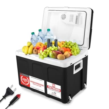TZS First Austria elektrische Kühlbox 45 Liter | 12 Volt & 230 Volt Anschluss | mobiler Minikühlschrank mit Rollen | für Camping, Festivals, Reisen | mit Warmhaltefunktion | schwarz