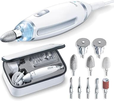 Beurer MP 62 Maniküre-/ Pediküre-Set, elektrische Nagelfeile mit 10 hochwertigen Nagelpflege-Aufsätzen, LED Licht, Nagelfräser mit stufenloser Geschwindigkeitsregelung, mit Aufbewahrungstasche, Weiß