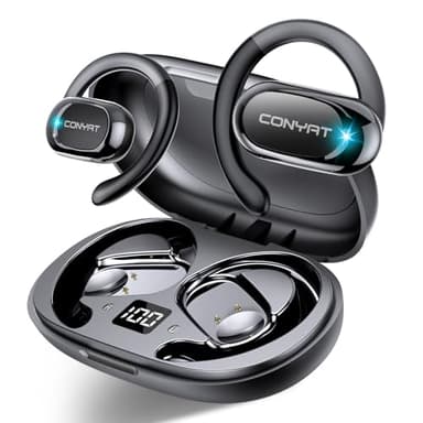 Conyat Open Ear Kopfhörer Sport, 2025 Bluetooth 5.4 Ohrhörer, Open Ear Headphones mit ENC, 58H Spielzeit, Bluetooth Kopfhörer mit Mikrofon/LED-Anzeige, IPX7 Kopfhörer Sport, Pendler/Sport, Schwarz