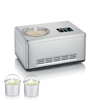SEVERIN 2-in-1 Eismaschine mit Joghurtfunktion, Kompressor Ice Cream Maker für Eis, Sorbet und Frozen Joghurt, Speiseeismaschine inkl. zwei Eisbehälter, Edelstahl-gebürstet, EZ 7406