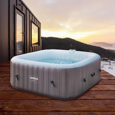 Arebos Spa Whirlpool 2400W | In-Outdoor Pool | für 6 Personen 185x185cm | 130 Massagedüsen | 910 L mit Heizung | Aufblasfunktion per Knopfdruck | Inkl. Abdeckung | Bubble Spa & Wellness Massage