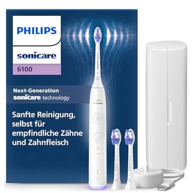 Philips Sonicare 6100 elektrische Zahnbürste, Schallzahnbürste mit 2 Putzmodi, 3 Intensitätsstufen, Andruckkontrolle, EasyStart, SmarTimer, Reiseetui, Weiß, Modell HX7400/02 [Neue Technologie]