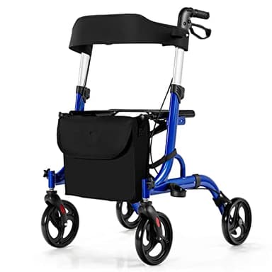 RELAX4LIFE Rollator Faltbar Leichtgewicht, Rollstuhl Reiserollator, Gehhilfe mit Sitz, Gehwagen 6-fach Höhenverstellbar, Laufhilfe mit 2 Bremsen Stockhalter Tasche, Aluminiumlegierung bis 150kg (Blau)