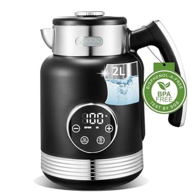Taylor Swoden 2200W Wasserkocher Schnellaufheizender mit Temperatureinstellung, 40-100°,Elektrischer Wasserkocher 2L, doppelwandiger Edelstahl, LED Digitale Warmhaltefunktion,Schwarz