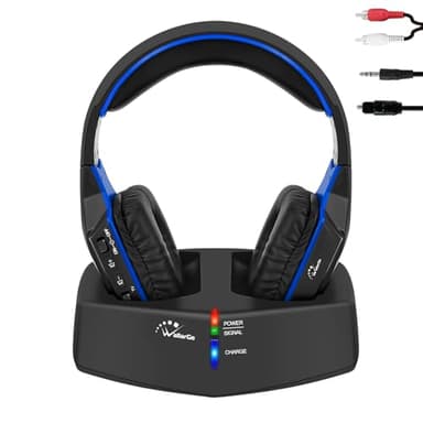 WallarGe Funkkopfhörer für Fernseher/TV, Over-Ear kabellose kopfhörer mit RF Digitales Ladestation mit Reichweite 33 m, mit Optisches und Aux Port (Schwarz & Blau)