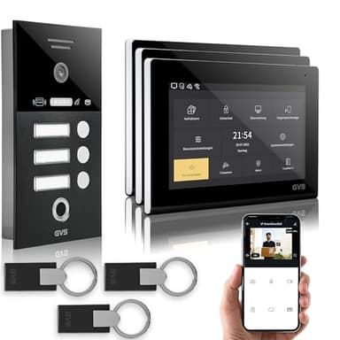 GVS - IP Video Türsprechanlage 3 Familienhaus mit Türöffner (RFID & Fingerprint), HD Kamera, 3X 7 Zoll Monitor & App - Smarte Video Türklingel mit Kamera & Gegensprechanlage (AVS5291U)