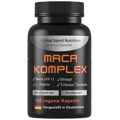 EXVital® Maca Komplex hochdosiert - Maca 20:1 Extrakt mit Tribulus terrestris, Shilajit, L-Arginin & Vitamin B6, 120 vegane Kapseln, Laborgeprüft