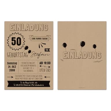 10 bis 100 Stück Individuelle 60. Geburtstag Einladungskarten DIN A6 (148x105mm) - Vintage Typografie, Kraftpapier Look, festes 300g/qm Kartonpapier