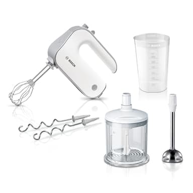 Bosch Handrührer Styline MFQ4080, 2 Rührbesen, 2 Edelstahl-Knethaken, spülmaschinengeeignet, Zerkleinerer, Pürierstab, 5 Stufen plus Turbostufe, 500 W, weiß/silber