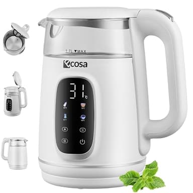 Ecosa® Wasserkocher mit Temperatureinstellung Glas Edelstahl - Teekocher - 1,7 Liter 2.200 Watt - BPA Frei mit Temperaturwahl 40°C-100°C - Warmhaltefunktion LED Beleuchtung (Woldo White)