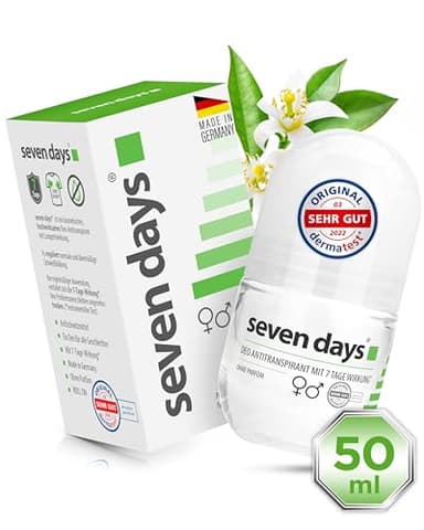 seven days Antitranspirant starkes Schwitzen, 50ml [Extrem zuverlässig] Frauen & Männer, Deo gegen starkes Schwitzen und Schweißgeruch, Antiperspirant Roll On, Anti Schweiß Deo