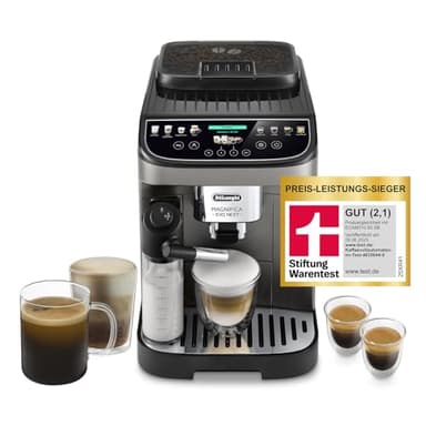 De’Longhi Magnifica Evo Next - Perfetto Kaffeevollautomat mit LatteCrema-Milchaufschäumer, 13 One-Touch-Getränke, Coffee- und Cappuccino Kaffeemaschine, farbiges Touch-Display, Titan (ECAM312.80.TB)