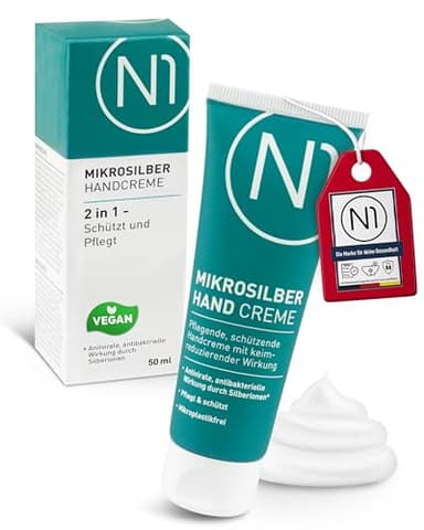 N1 Mikrosilber Handcreme für sehr trockene Hände 50 ml [inkl. Desinfektion] - Handcreme rissige Hände + Desinfektionsmittel für Hände in einem Produkt