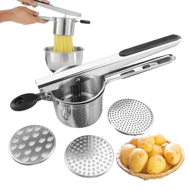 Kartoffelpresse Edelstahl, Spätzlepresse mit 3 Austauschbaren Scheiben, Kartoffelpresse für Flauschige Kartoffelpüree, Gemüsebrei, Obstsäfte(COLOR:Silber)