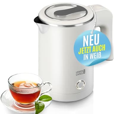 LEBENLANG Edelstahl Reisewasserkocher Klein - 500ml & BPA-Frei I 600W Mini Wasserkocher Klein Weiß für Reisen I Energiesparend & Energieeffizienz I 0 5 0,5 l I Kleiner Camping Wasserkocher Reise