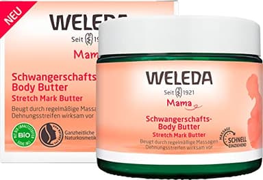 WELEDA Bio Mama Schwangerschaft Body Butter – Naturkosmetik Babybauch Massage Körperbutter zur Dehnungsstreifen Vorbeugung, Hautpflege Narbensalbe mit Sheabutter & Kakaobutter (vegan, 150ml)