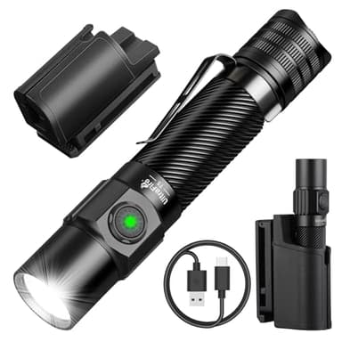 UltraFire Wiederaufladbare Taktische Taschenlampe mit Holster, 1800 Lumen 5 Modi Polizei Taschenlampe, Doppelschalter LED Taschenlampe für Strafverfolgung Camping Outdoor T5