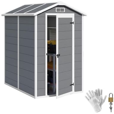 Outsunny Gerätehaus 2,1m², Wasserdicht Gartenhaus mit Boden Pultdach, 131x186x198/172 cm, Geräteschuppen mit Abschließbar Tür, Fenster Fahrradgarage aus Kunststoff, für Hinterhof, Garten, Grau